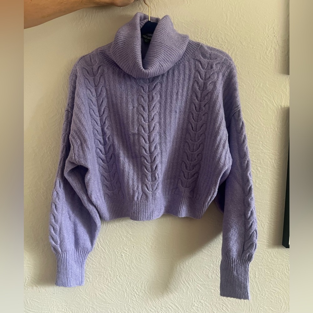 Lavender Cable-knit Cropped Turtleneck Sweater